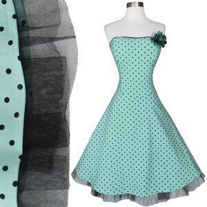 Vintage 90s Y2K 50s Strapless Black Tulle Polka Dot Blue Ruby Rox Party Dress S